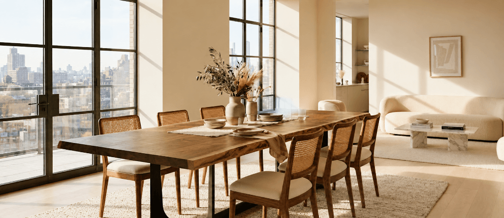 Handcrafted solid walnut dining table with live edge in a luxury minimalist apartment