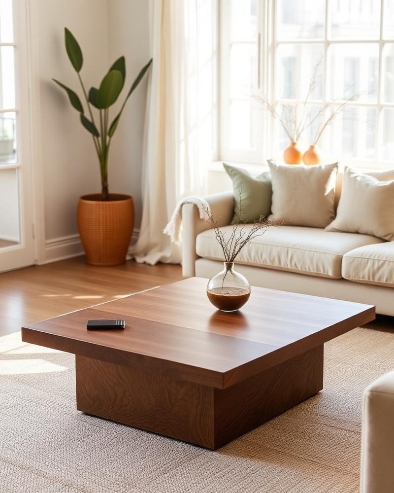 Minimalist living room showcasing a handcrafted solid wood square coffee table