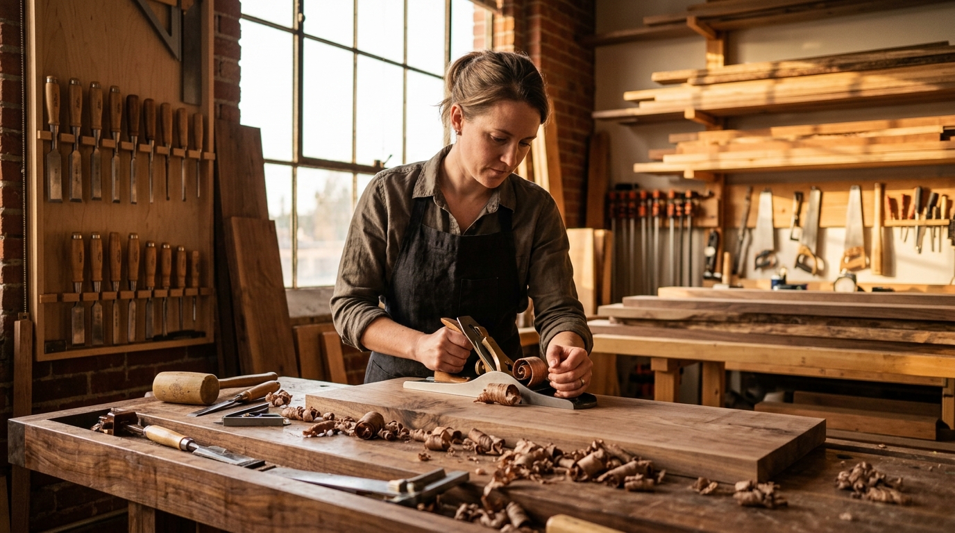 A warm woodworking studio bathed in golden-hour sunlight with hand tools and walnut timber
